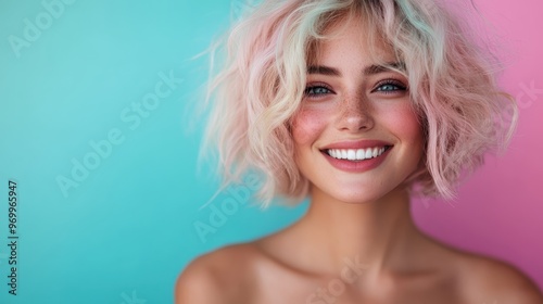 A cheerful woman with short, pastel pink hair radiates positivity as she smiles against a vibrant blue and pink background, highlighting her unique style and spirit.