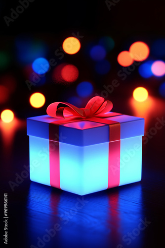 Neon ribbon gift box with bokeh effects, for Black Friday, Cyber Monday, and Christmas holiday, with a bright and festive feel