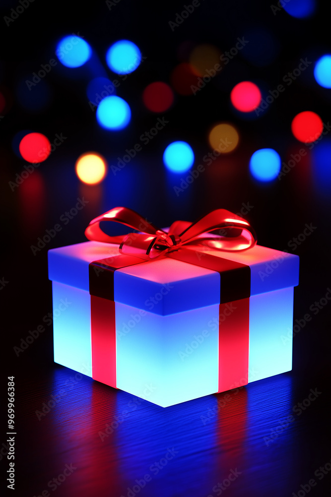 Christmas Neon ribbon gift box with bokeh effects, for Black Friday, Cyber Monday, and Christmas holiday, with a bright and festive feel Christmas Neon ribbon gift box with bokeh effects, for Black Friday, Cyber Monday, and Christmas holiday, with a bright and festive feel