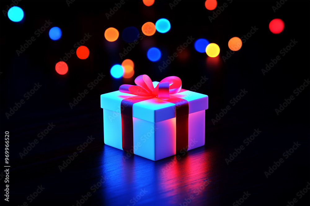 Christmas Neon ribbon gift box with bokeh effects, for Black Friday, Cyber Monday, and Christmas holiday, with a bright and festive feel Christmas Neon ribbon gift box with bokeh effects, for Black Friday, Cyber Monday, and Christmas holiday, with a bright and festive feel