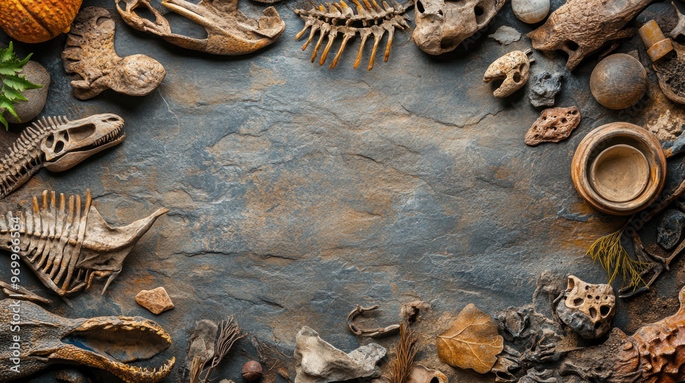 Naklejka premium banner with space, featuring dinosaur bones and artifacts, illustrating the prehistoric era concept