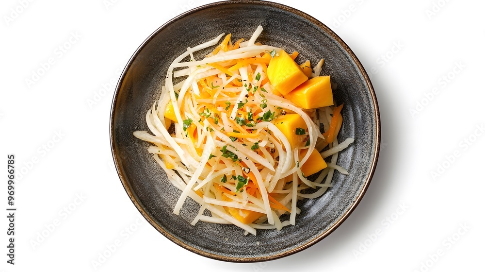 Delicious thai green papaya and mango salad with fresh herbs in rustic bowl Delicious thai green papaya and mango salad with fresh herbs in rustic bowl