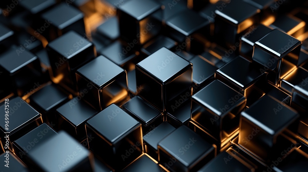 Abstract Geometric Design with Black Cubes and Yellow Light Abstract Geometric Design with Black Cubes and Yellow Light