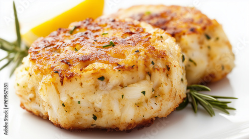 Golden brown crab cakes garnished with rosemary and served with a slice of lemon on a white plate.