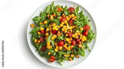 Fresh arugula salad with grilled corn and cherry tomatoes on a white plate