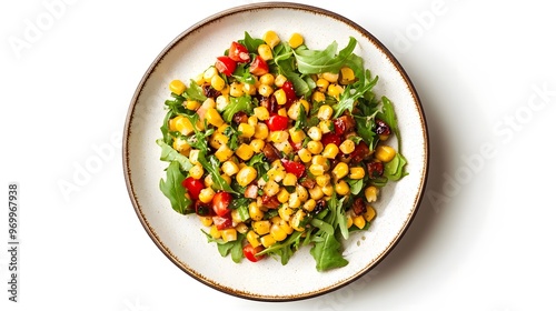 Colorful corn and arugula salad with fresh vegetables on a ceramic plate