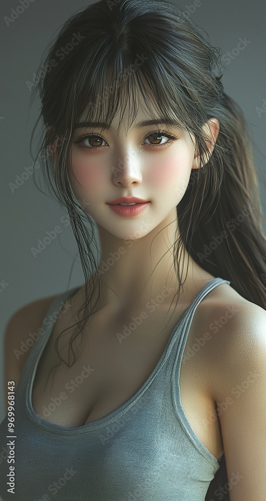 A beautiful Japanese girl with long hair and bangs posing for the camera, wearing a gray tank top. A beautiful Japanese girl with long hair and bangs posing for the camera, wearing a gray tank top.