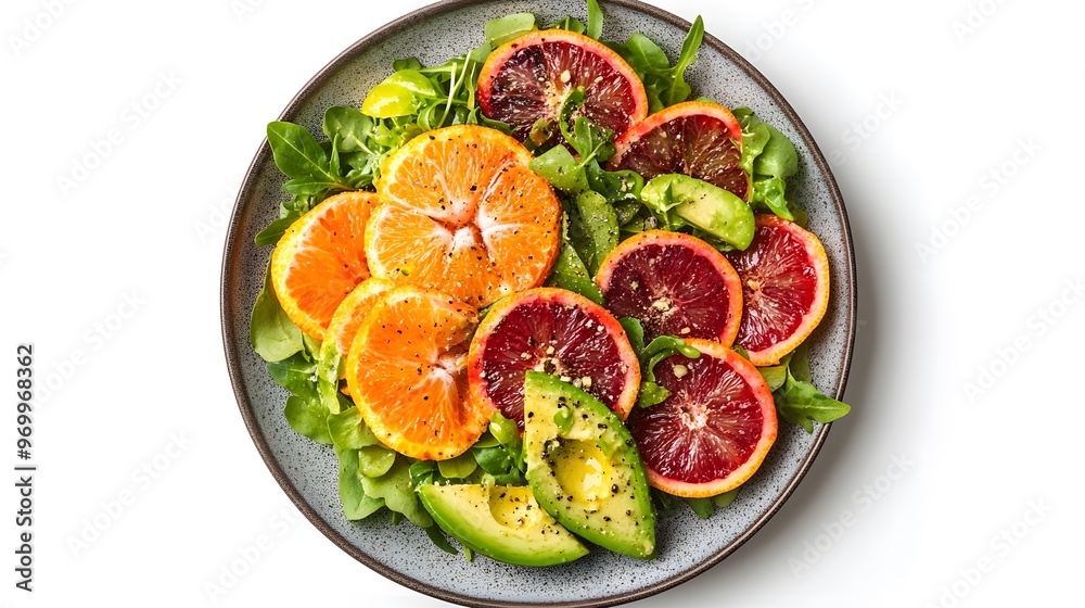 Vibrant citrus and avocado salad with fresh greens on a ceramic plate Vibrant citrus and avocado salad with fresh greens on a ceramic plate