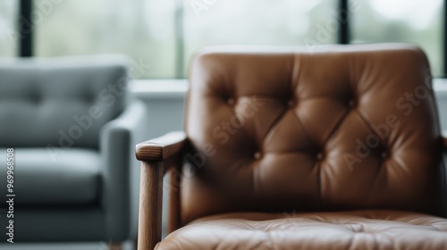 A close-up view of a brown leather chair with wooden armrests, featuring a button-tufted backrest, with a gray armchair visible in the background in a modern room. photo