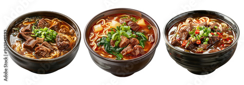 Chinese food Taiwanese beef noodles soup isolated on transparent background, set of