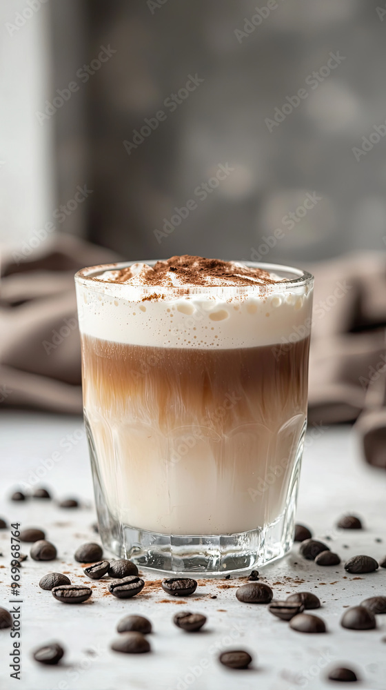A refreshing glass of iced coffee with layers of milk and cocoa A refreshing glass of iced coffee with layers of milk and cocoa