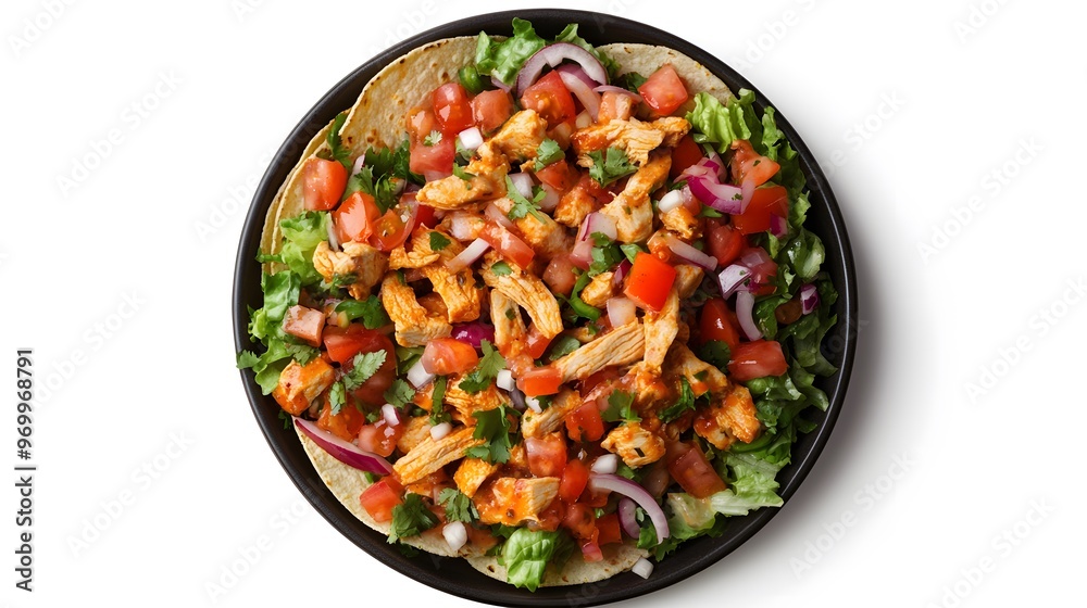 Delicious chicken tostada with fresh vegetables and crispy tortilla Delicious chicken tostada with fresh vegetables and crispy tortilla