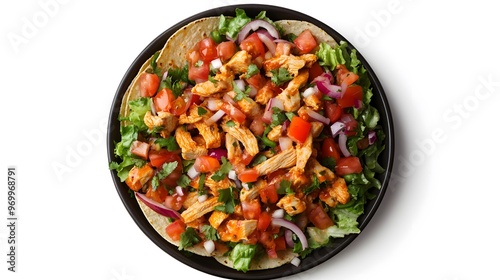 Delicious chicken tostada with fresh vegetables and crispy tortilla