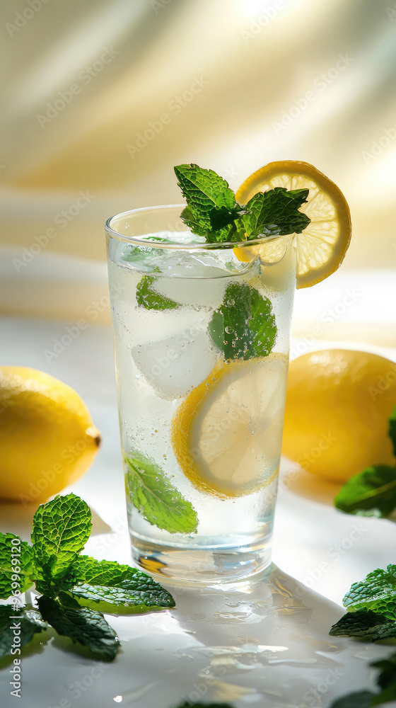 Refreshing glass of lemonade with fresh mint leaves and lemon slices Refreshing glass of lemonade with fresh mint leaves and lemon slices