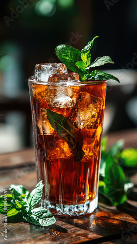 Refreshing iced herbal tea served in glass with ice and mint leaves