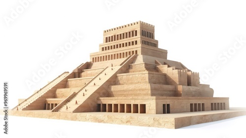 Ancient stone building with steps and columns on a white background.