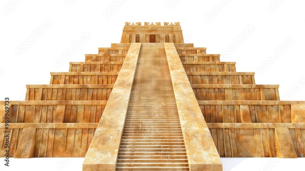 A large stone pyramid with a long staircase leading to a temple at the top. A large stone pyramid with a long staircase leading to a temple at the top.