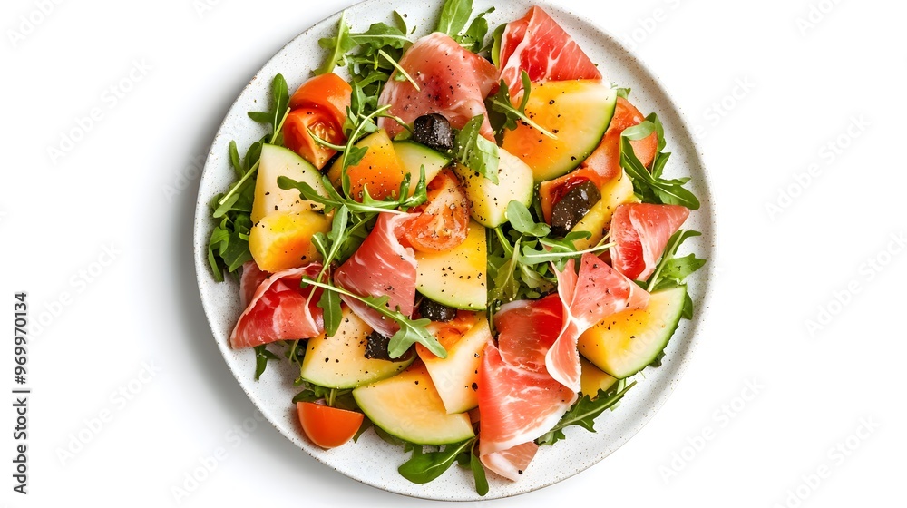 Fresh prosciutto and melon salad with arugula and peppers Fresh prosciutto and melon salad with arugula and peppers