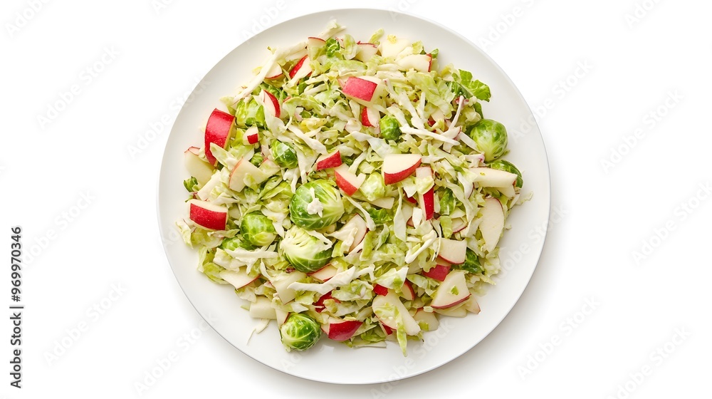 Fresh cabbage, brussels sprout, and apple salad on white plate Fresh cabbage, brussels sprout, and apple salad on white plate
