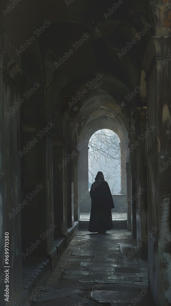 A Gloomy Figure Walks Through an Ancient Hallway A Gloomy Figure Walks Through an Ancient Hallway