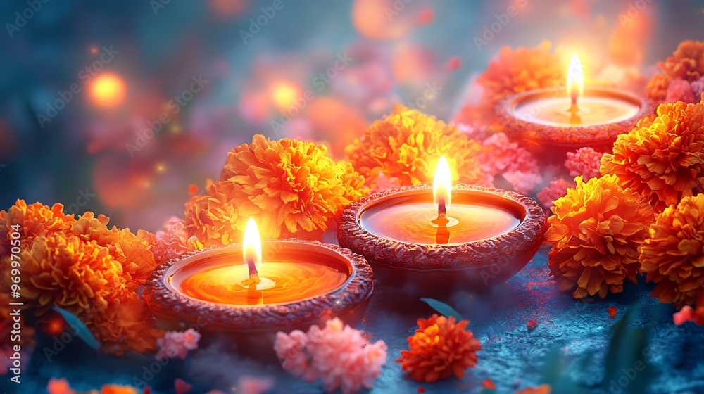 Diwali oil lamps on floral background Diwali oil lamps on floral background
