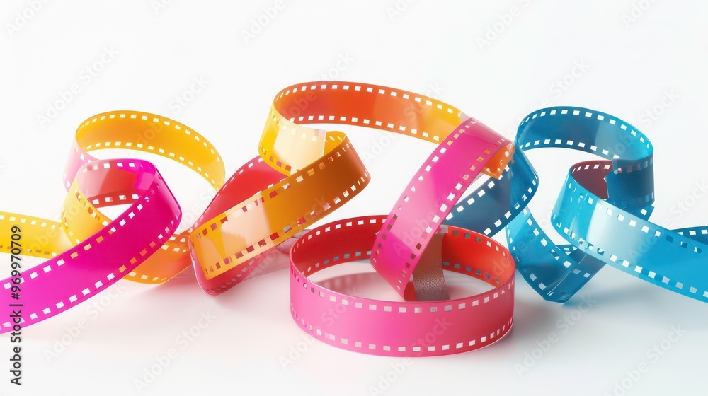 Colorful film strips in a tangled pattern.