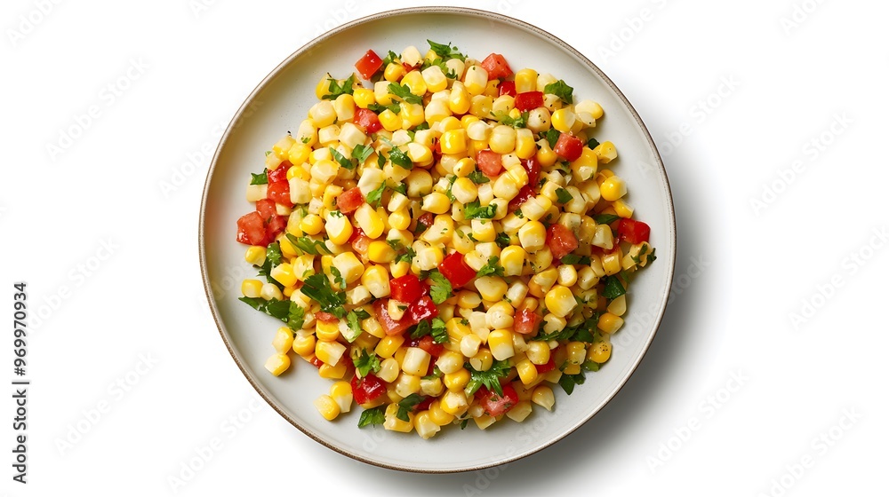 Fresh corn salad with tomatoes and herbs on plate isolated on white background Fresh corn salad with tomatoes and herbs on plate isolated on white background