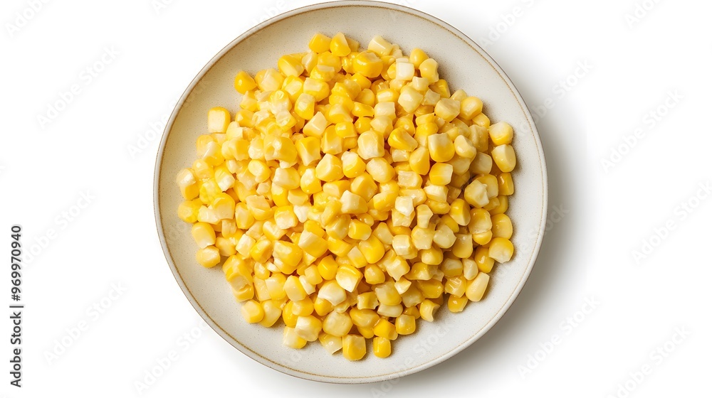 Top view of fresh yellow sweet corn kernels in a bowl on white background Top view of fresh yellow sweet corn kernels in a bowl on white background