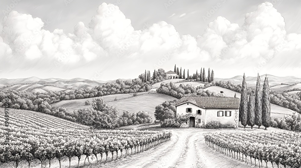 Obraz premium Pencil sketch of a house in a vineyard, with rolling hills in the background and a cloudy sky.