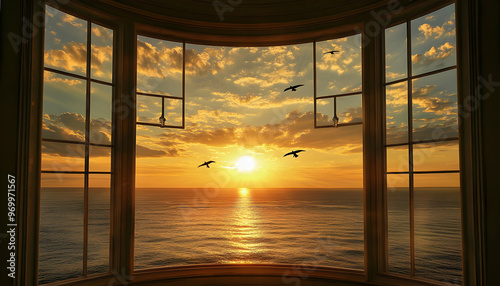 A scenic sunset over the ocean viewed through a bay window.