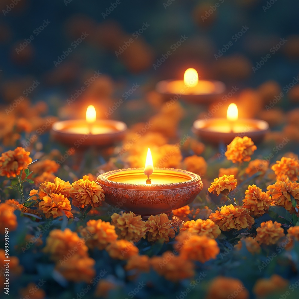 Diwali oil lamps with marigolds Diwali oil lamps with marigolds