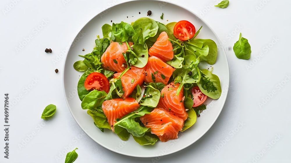 Fresh salmon salad with greens, avocado, and cherry tomatoes on a white plate Fresh salmon salad with greens, avocado, and cherry tomatoes on a white plate