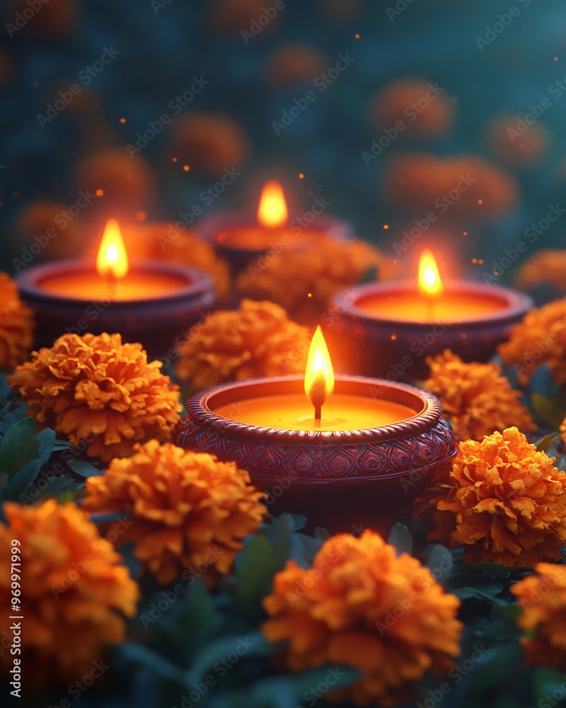Diwali oil lamps with marigolds Diwali oil lamps with marigolds