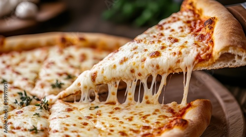 A scrumptious cheese pizza slice is being lifted from a pizza with strings of melted cheese stretching from the slice. Perfectly browned and topped with herbs. photo