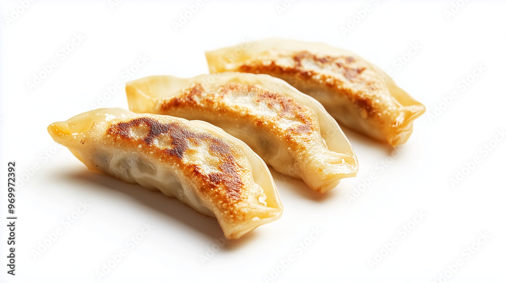 Three golden fried dumplings arranged side by side on a pristine white background, displaying a crispy, golden-brown texture. Three golden fried dumplings arranged side by side on a pristine white background, displaying a crispy, golden-brown texture.