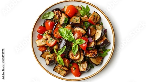 Delicious roasted eggplant salad with tomatoes and fresh basil