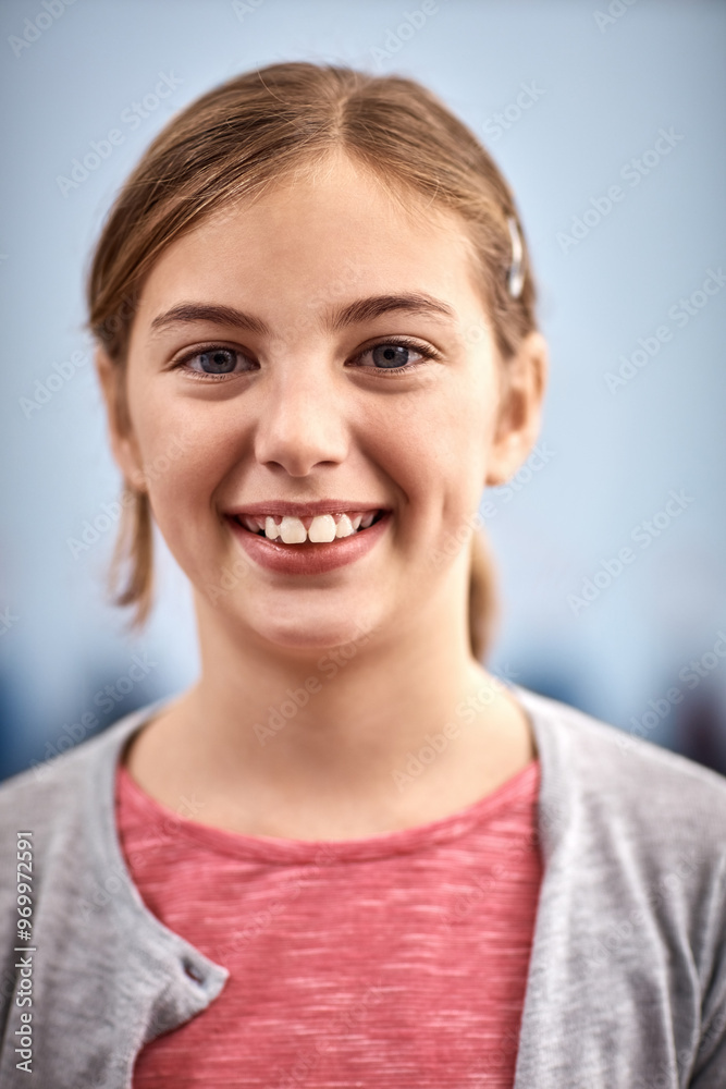 Education, smile and portrait of student in classroom for learning, knowledge and future. Growth, studying and happy with face of girl at school for scholarship academy, creative and development Education, smile and portrait of student in classroom for learning, knowledge and future. Growth, studying and happy with face of girl at school for scholarship academy, creative and development