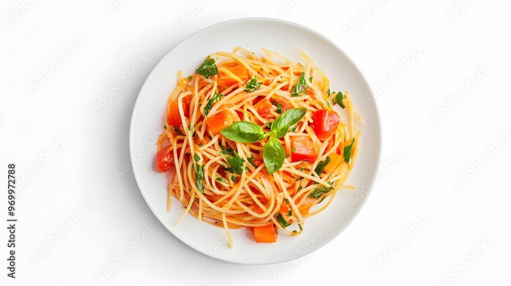 Delicious spaghetti pasta with fresh tomatoes and basil garnish Delicious spaghetti pasta with fresh tomatoes and basil garnish