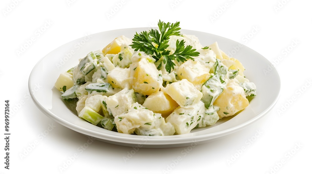 Creamy potato salad with herbs in a white bowl garnished with parsley Creamy potato salad with herbs in a white bowl garnished with parsley