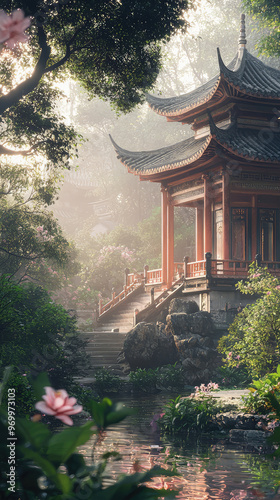 A serene view of an ancient temple surrounded by tranquil gardens and lush greenery