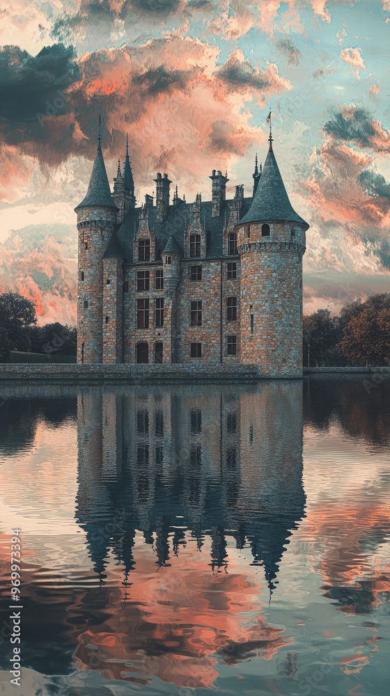 Obraz premium A historic castle with turrets reflecting in water, surrounded by natures beauty