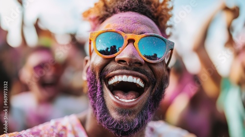 A close-up of a spirited man wearing orange sunglasses and covered in vibrant festival colors, joyously smiling among a crowd of festive participants in the background. photo