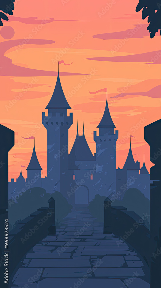 Naklejka premium A historic castle with turrets silhouetted against vibrant sunset