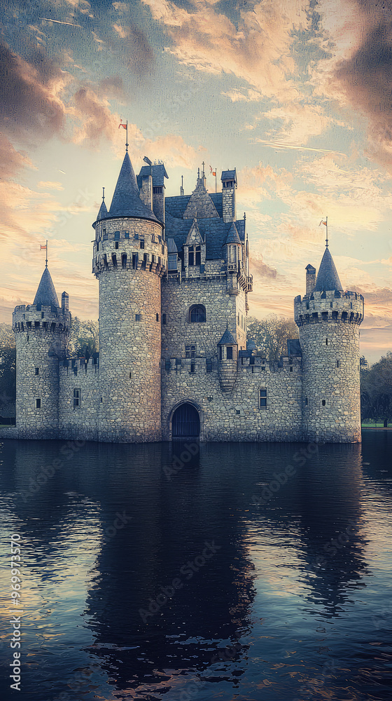 A historic castle with turrets reflecting in water at sunset A historic castle with turrets reflecting in water at sunset