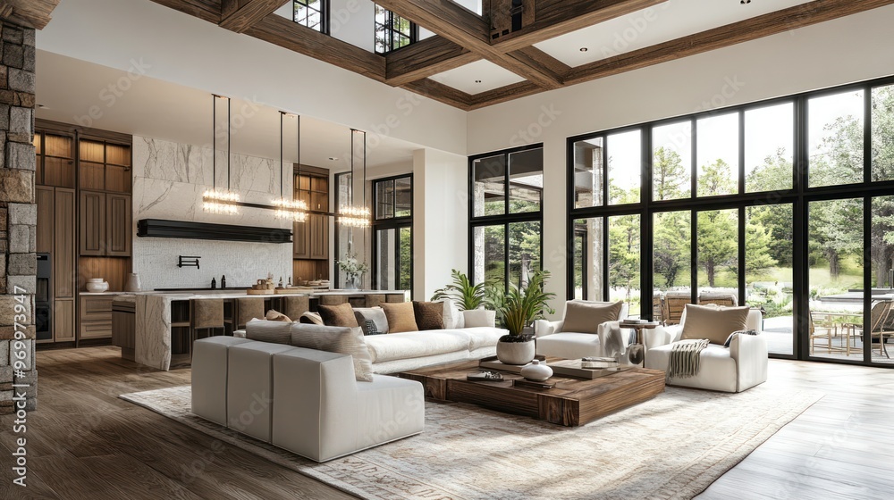 Modern Living Room with White Sofa and Large Windows Modern Living Room with White Sofa and Large Windows
