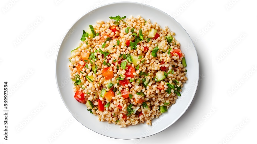 Fresh bulgur salad with colorful vegetables and herbs on a white plate Fresh bulgur salad with colorful vegetables and herbs on a white plate