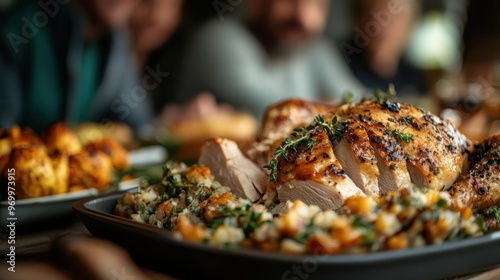 A close-up view of a perfectly roasted chicken, garnished with fresh herbs and accompanied by a variety of vegetables, placed on a black tray, ready to serve for a hearty meal. photo