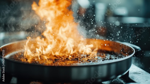 Intense flames engulf a pot on a stovetop, with the contents burning fiercely in a kitchen, emphasizing the hazards and safety measures necessary in cooking environments.