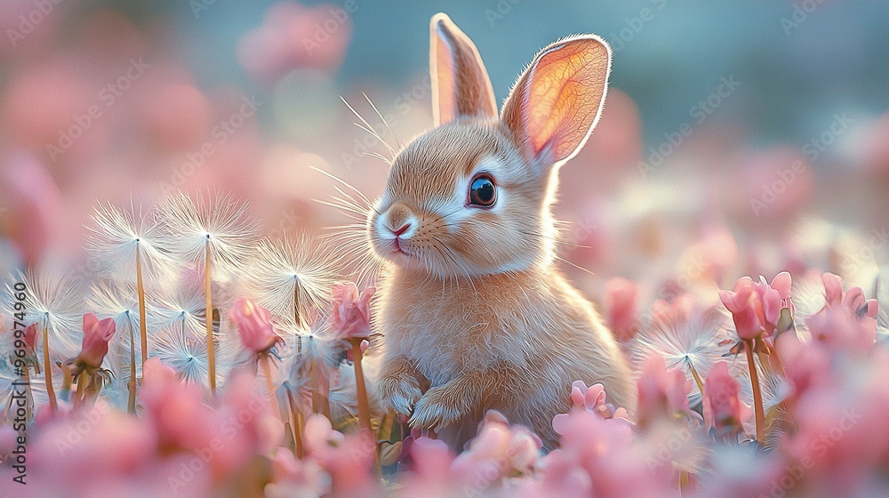 Fototapeta premium Small rabbit surrounded by pink flowers, dandelions in front, blue sky behind