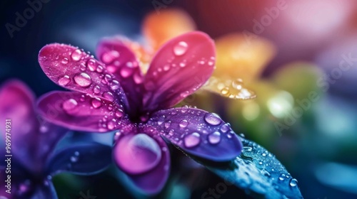 Closeup of rainbow colored flowers with water drops. Beautiful and elegant colorful flowers on dark theme.